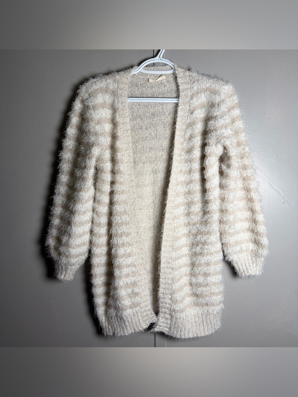 Jessica Simpson Cream and Beige Fuzzy Striped Open Cardigan
